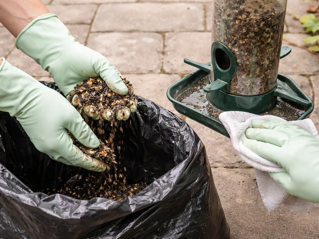 Hands emptying contaminated birdseed from a feeder into a closed trash bag, then wiping the feeder area