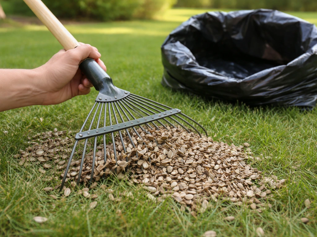 Close view of a leaf rake pulling dry bird seed shells into a pile on grass, with a garbage bag nearby.