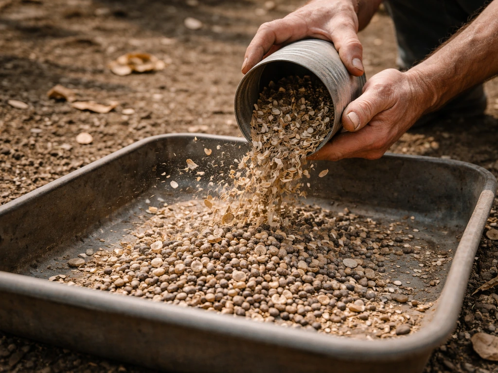 Hands pour mixed shells and intact seeds into a shallow tray outdoors for winnowing.