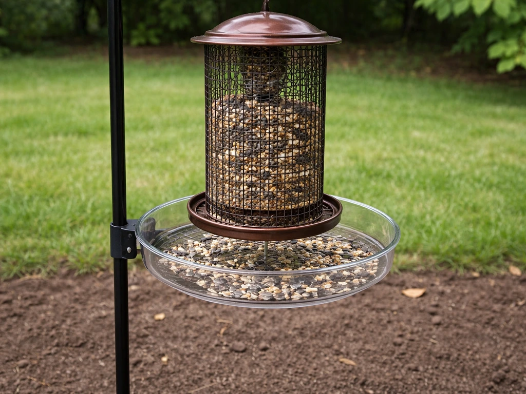 Brown bird feeder with a clear seed catcher tray underneath holding shells and scattered seed.