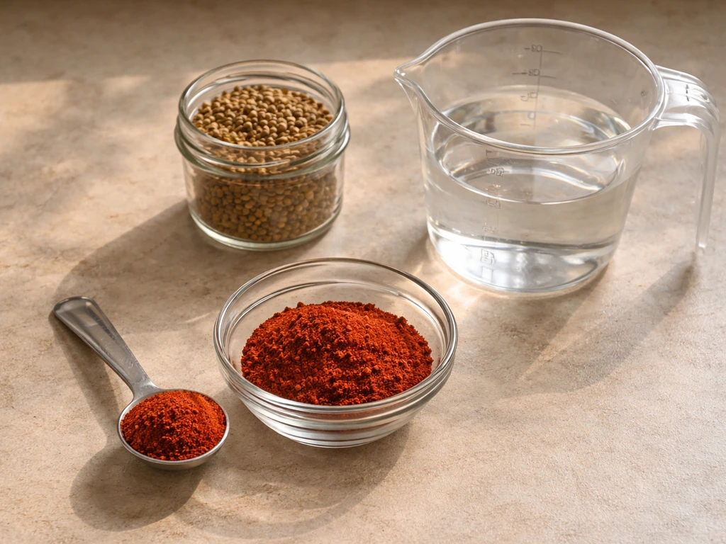Overhead view of a spoon of chili powder beside a measuring cup with seeds, showing a simple dose ratio