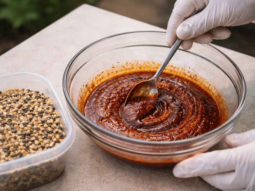 Chili powder mixed into oil in a bowl beside a measured batch of bird seed.