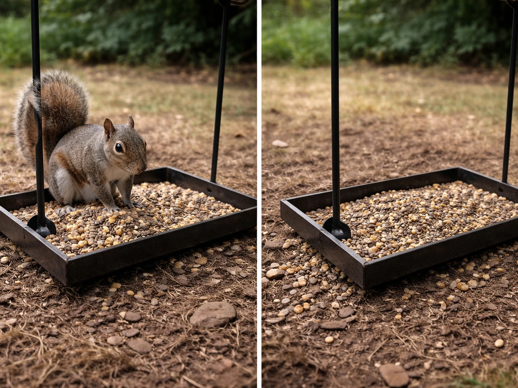 A squirrel at one bird feeder while the neighboring feeder area is empty and dry.