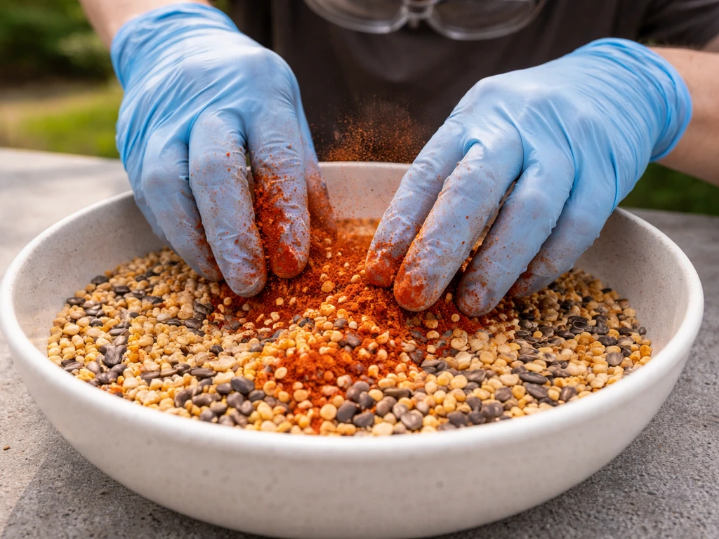 Gloved hands mixing chili powder into bird seed with protective eyewear in a simple outdoor workspace