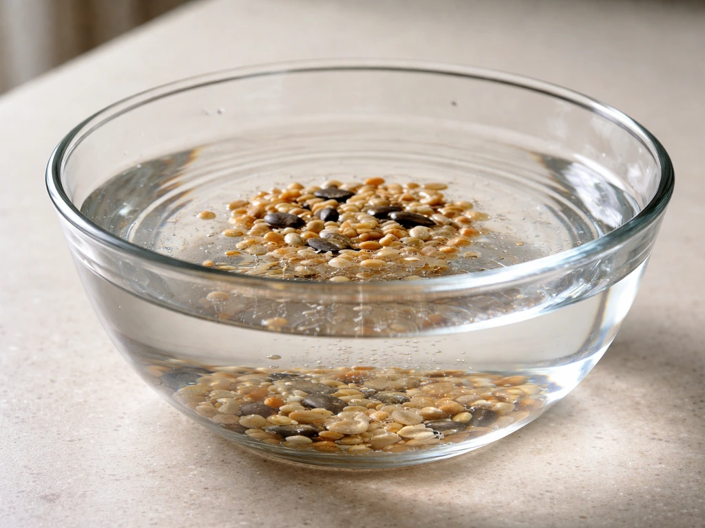 Clear bowl of water with bird seed, showing some seeds floating and others sinking