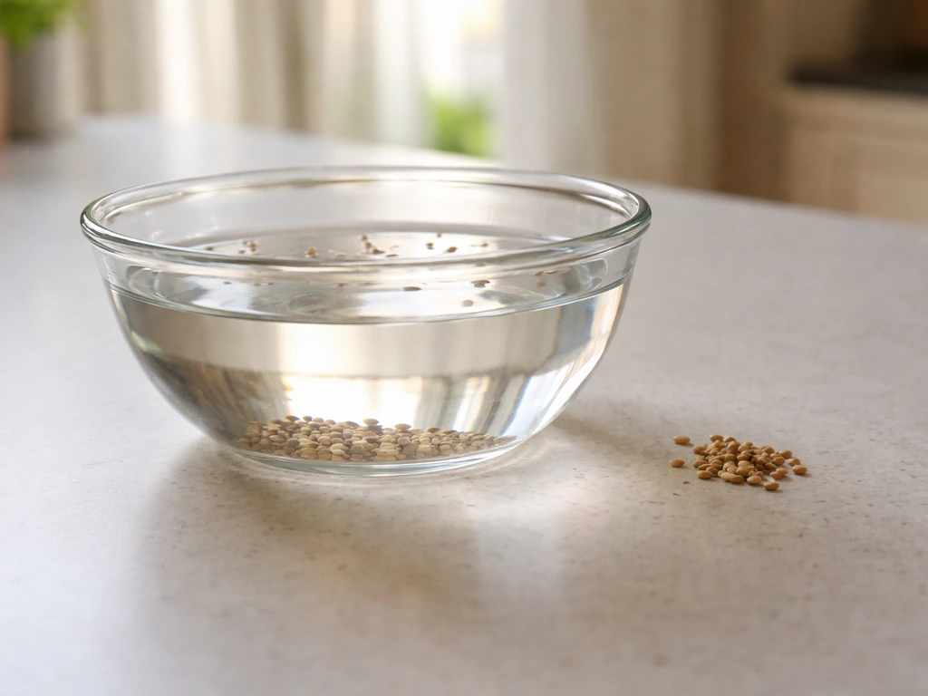 Clear glass bowl of plain water on a countertop with a few seeds ready for a float test.
