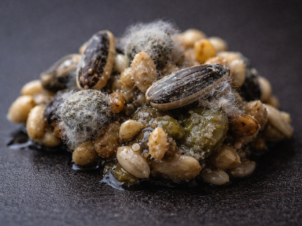 Macro close-up of clumped seeds with visible fuzzy white-gray-green mold.