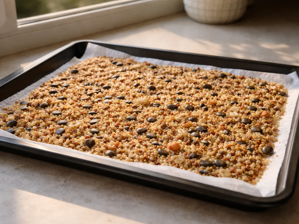 Damp bird seed spread in one layer on a paper-lined baking sheet in warm, dry daylight.