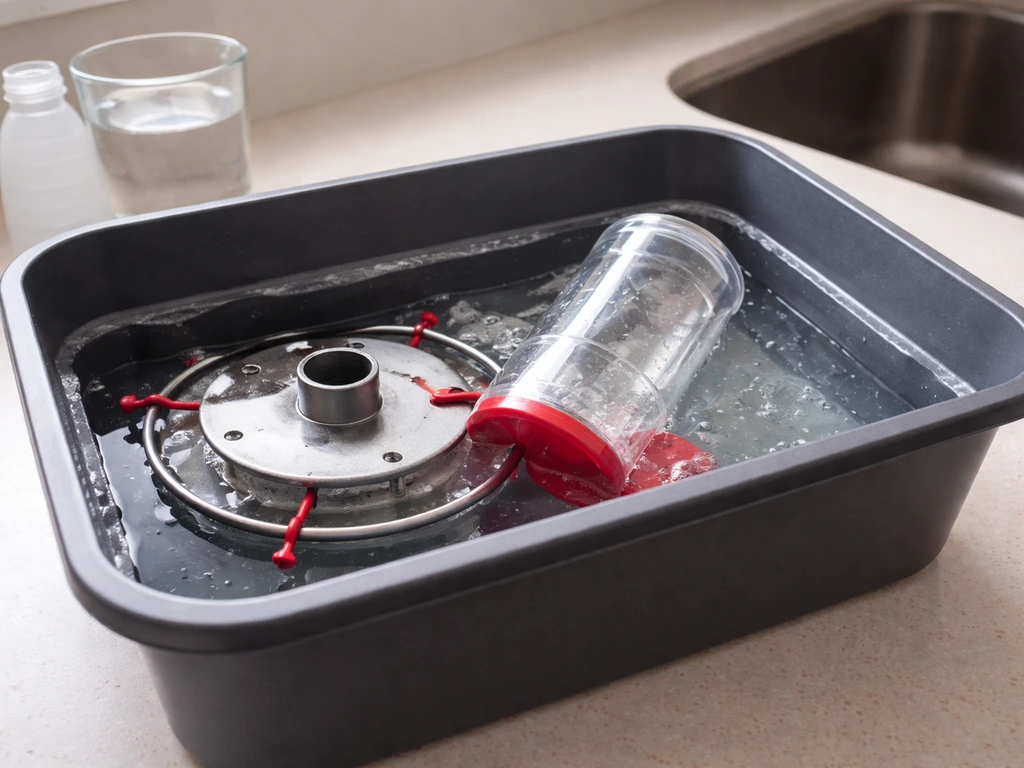 Feeder parts soaking in a dilute bleach-water solution in a dark container on a kitchen counter