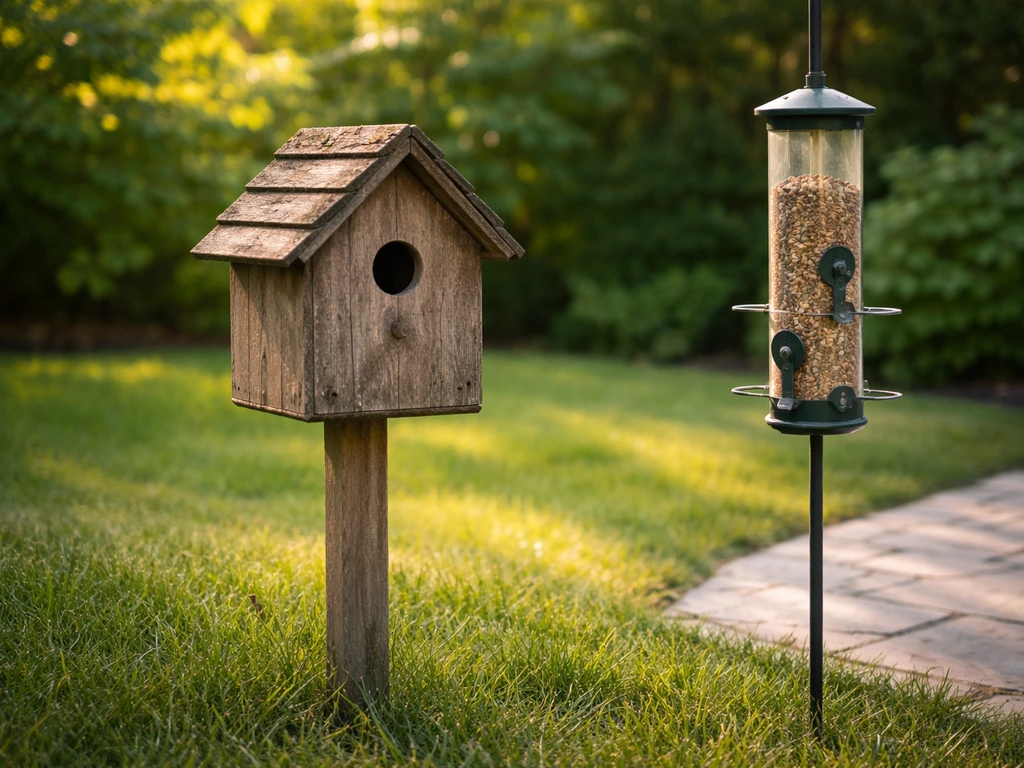Garden birdhouse with visible entrance on a post beside a nearby seed feeder in natural light.