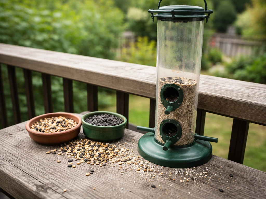 Empty bird feeder with scattered mixed bird seed in the foreground, suggesting immediate delivery need.