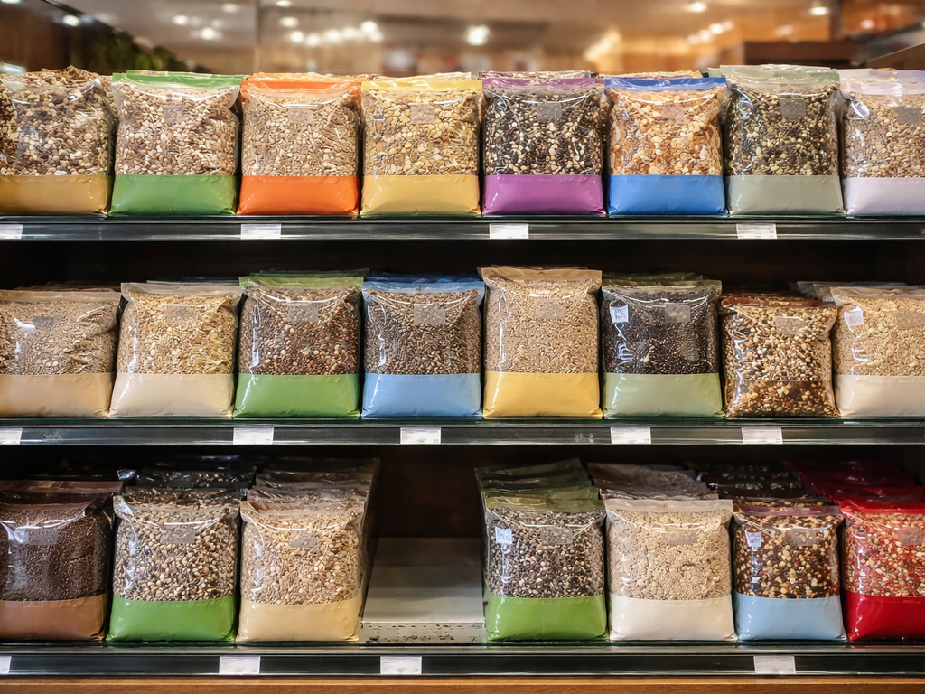 Specialty bird seed blend bags arranged in a glass display case at a bird retailer.