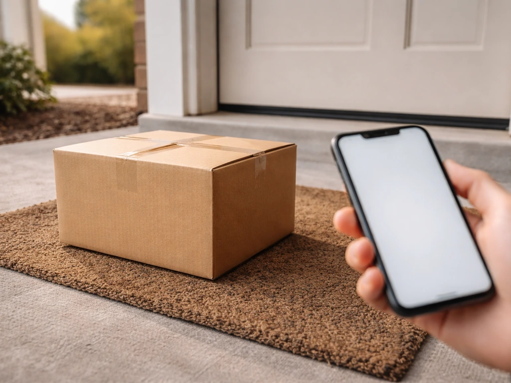 Minimal photo of a doorstep with a delivery box and a smartphone showing a generic delivery moment