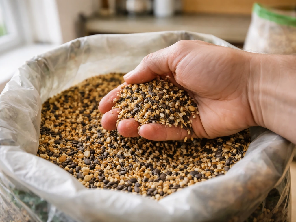 Hand sifting bird seed in a bag, checking for clumping and moisture in a bright kitchen or garage.