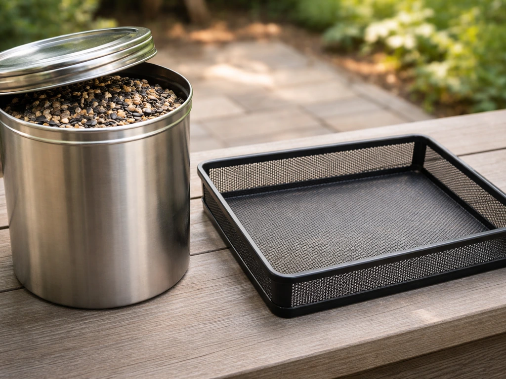 Airtight metal container of birdseed beside a freshly cleaned feeder area with no spilled seed