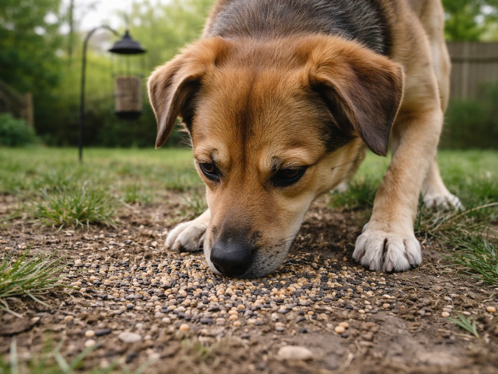 A dog sniffing fallen bird seed on the ground beneath a bird feeder in soft natural light.