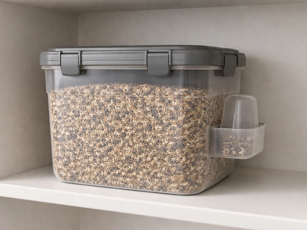 Thick sealed bird-seed container with secure lid on a clean shelf, preventing dog and rat access.