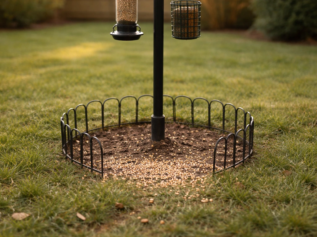 Low garden fence encircling a bird feeder pole base, keeping a yard’s scattered seed and droppings area blocked