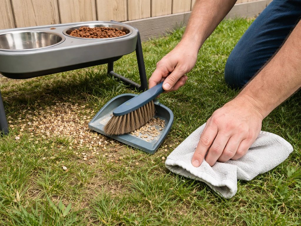 Person sweeping leftover seed hulls under a backyard dog feeder to prevent repeat foraging