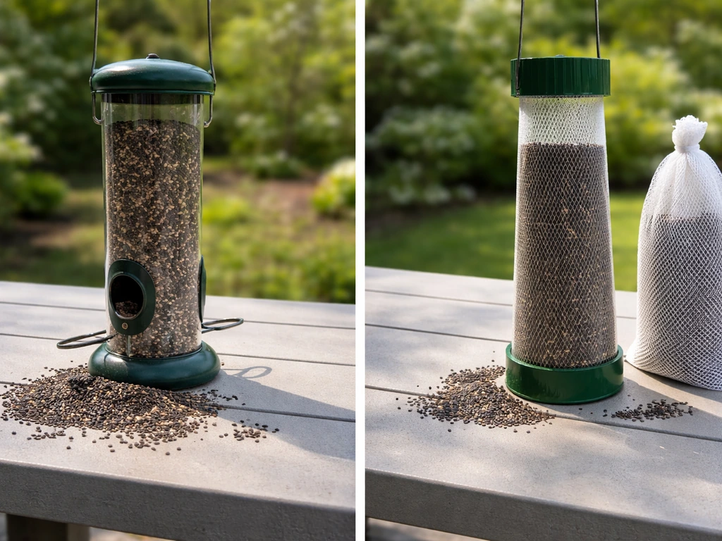 Two bird-feeder setups: spilled thistle seeds from a regular feeder and neatly filled thistle feeder.
