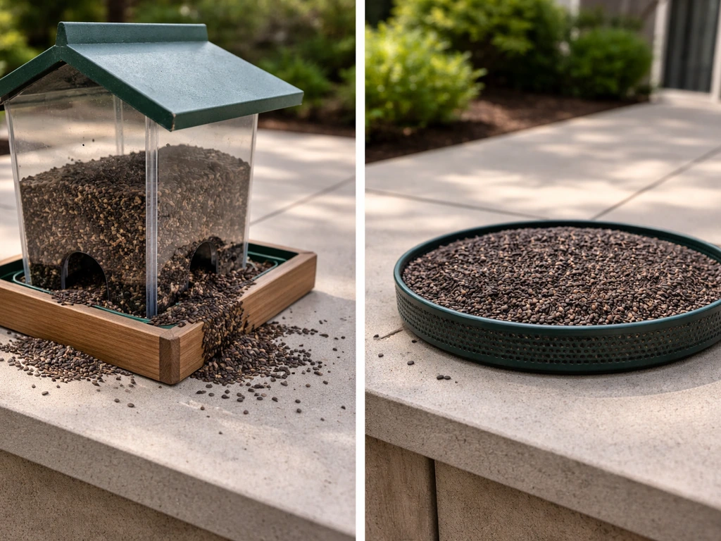 Side-by-side thistle seed on a hopper feeder spilling versus a flat tray keeping seeds neatly in place.