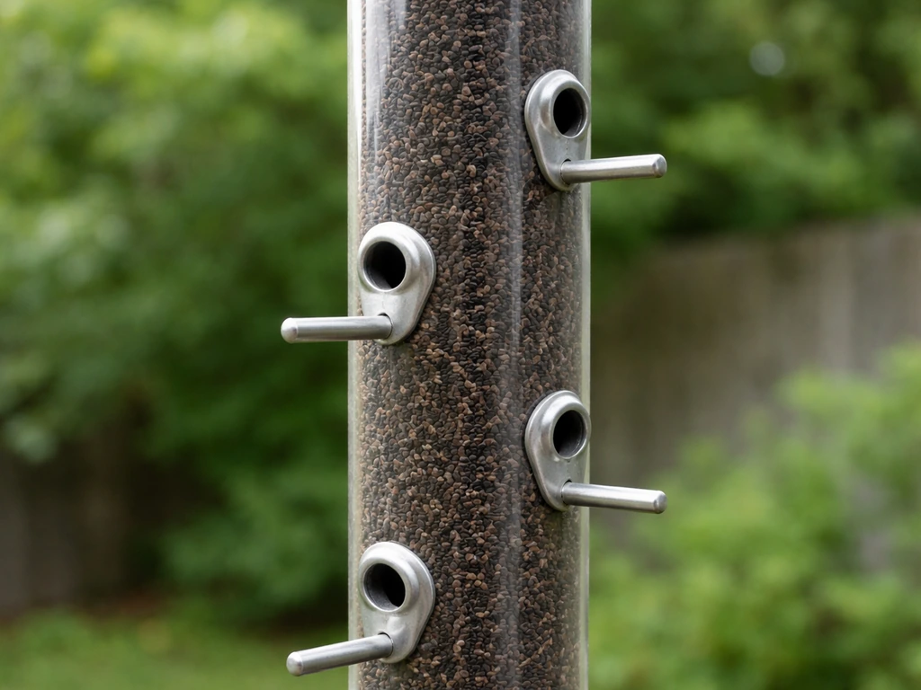 Close-up of a nyjer tube feeder showing tiny side ports with short perches beneath each port.