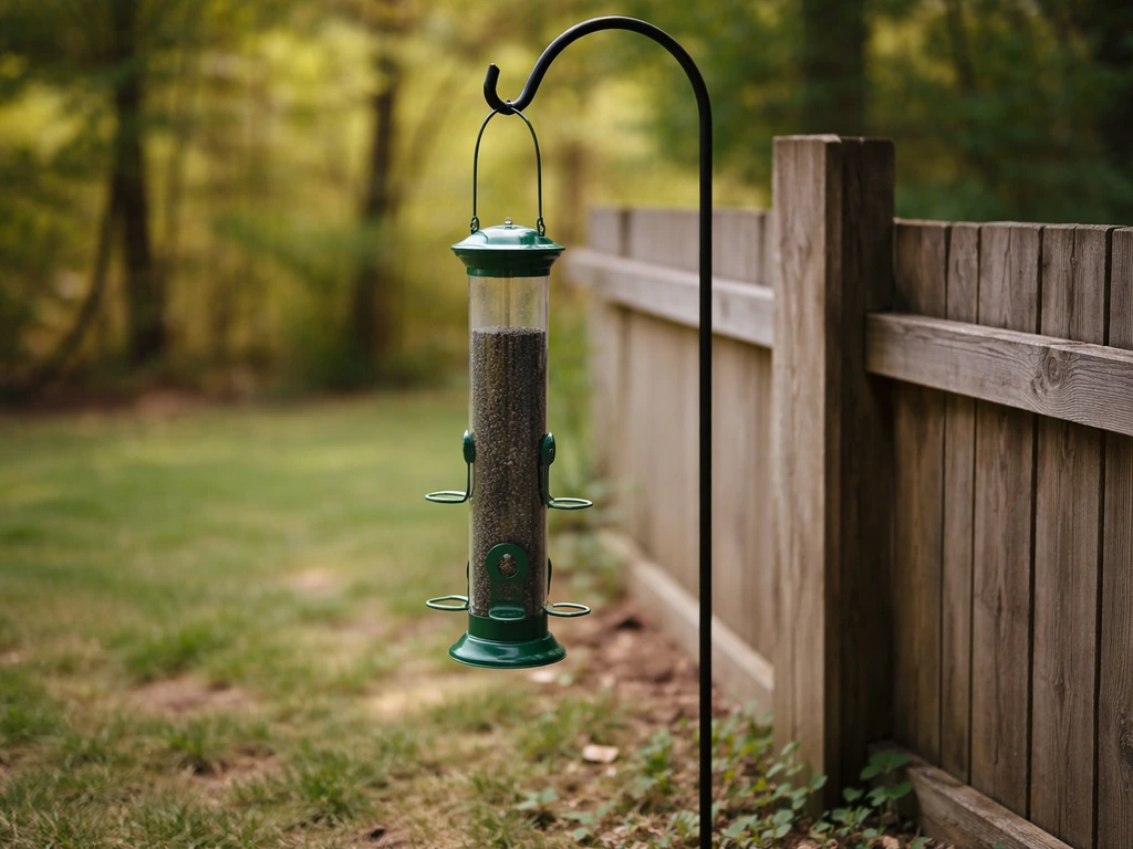 Nyjer tube feeder hanging from a shepherd’s hook at about 4–6 feet in a quiet yard.
