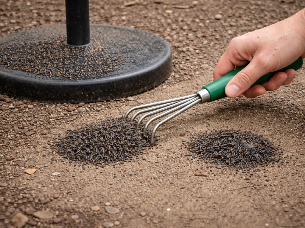 Hand raking spilled thistle seed under a bird feeder with visible dry vs damp/moldy clumps on ground.