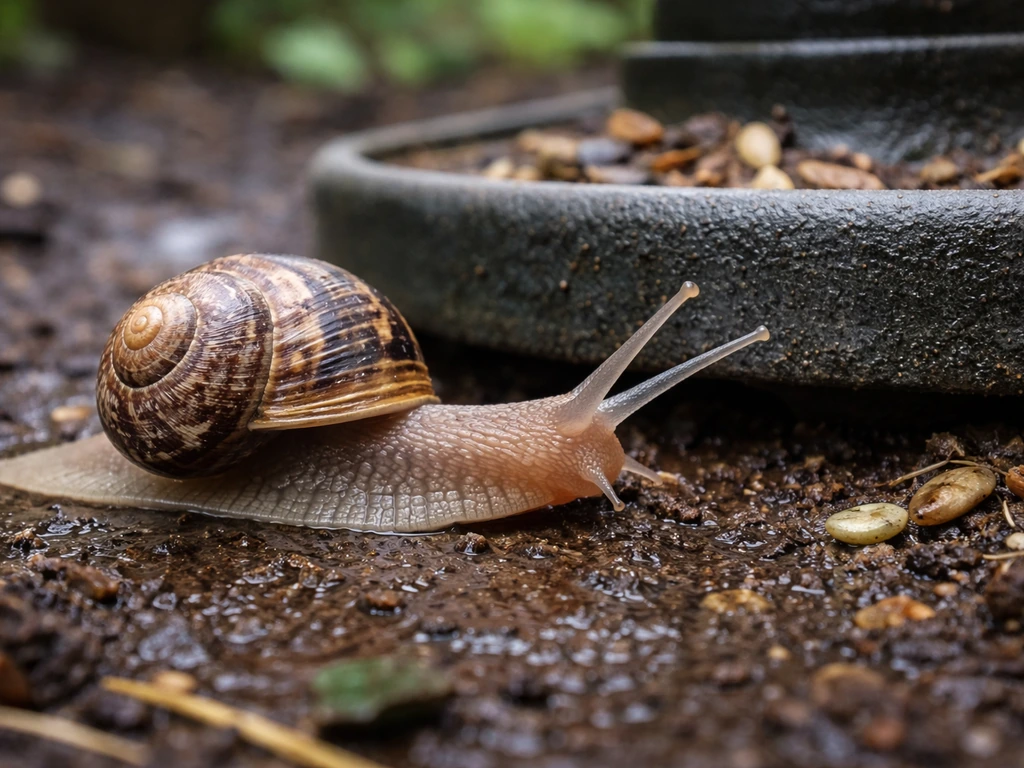 Ground-level close-up of a snail on damp soil near a raised bird feeder base, with wet seed and decay nearby.