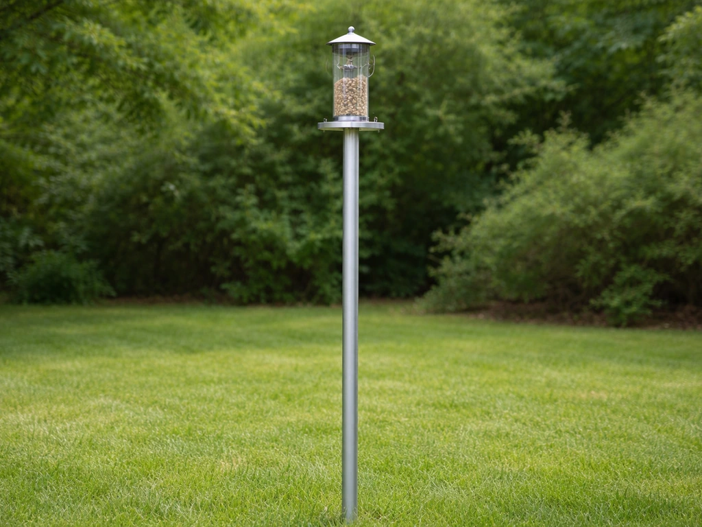 Raised bird feeder mounted high on a smooth metal pole in a quiet backyard, preventing snail access.