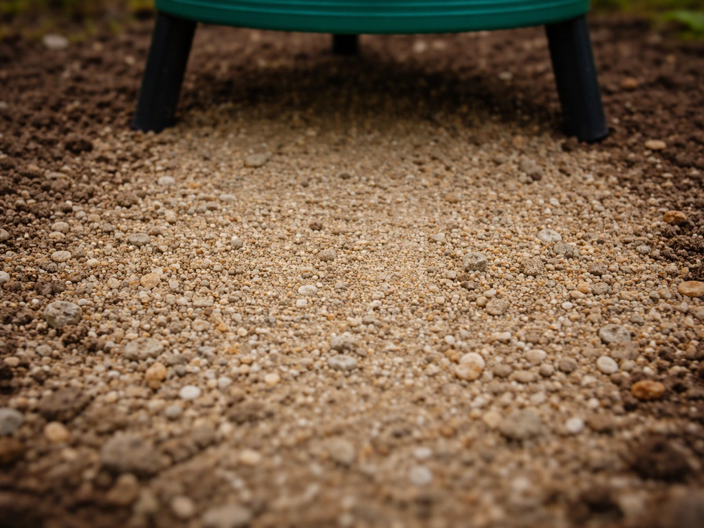 Coarse dry gravel under a garden feeder creates a dry zone on dark, moist soil nearby.