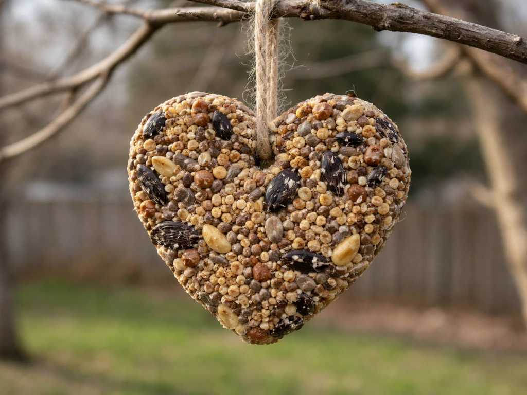 Close-up of a bird seed ornament hanging on a backyard tree, showing slight weathering.