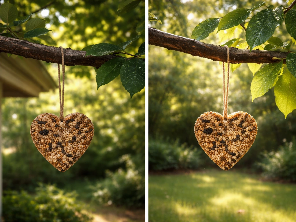 Two bird seed ornaments on one branch: one in dappled shade under an overhang, one in full sun.