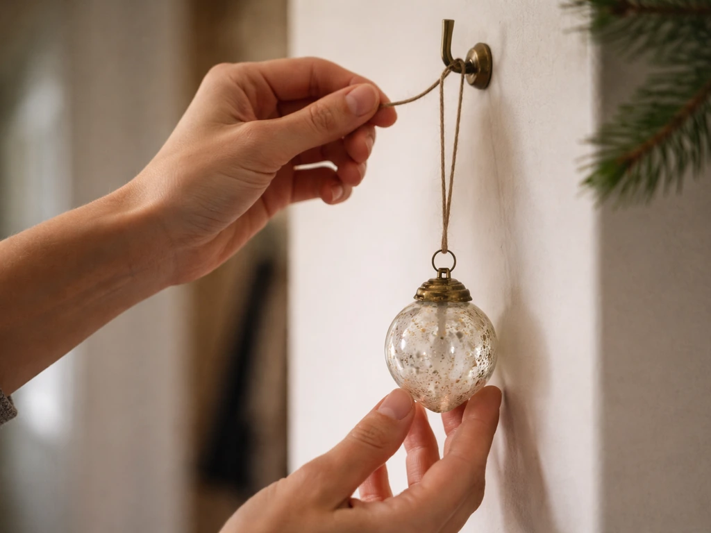 Hands adjusting a hanging ornament on a sturdy hook and twine to keep it off the surface and dry.
