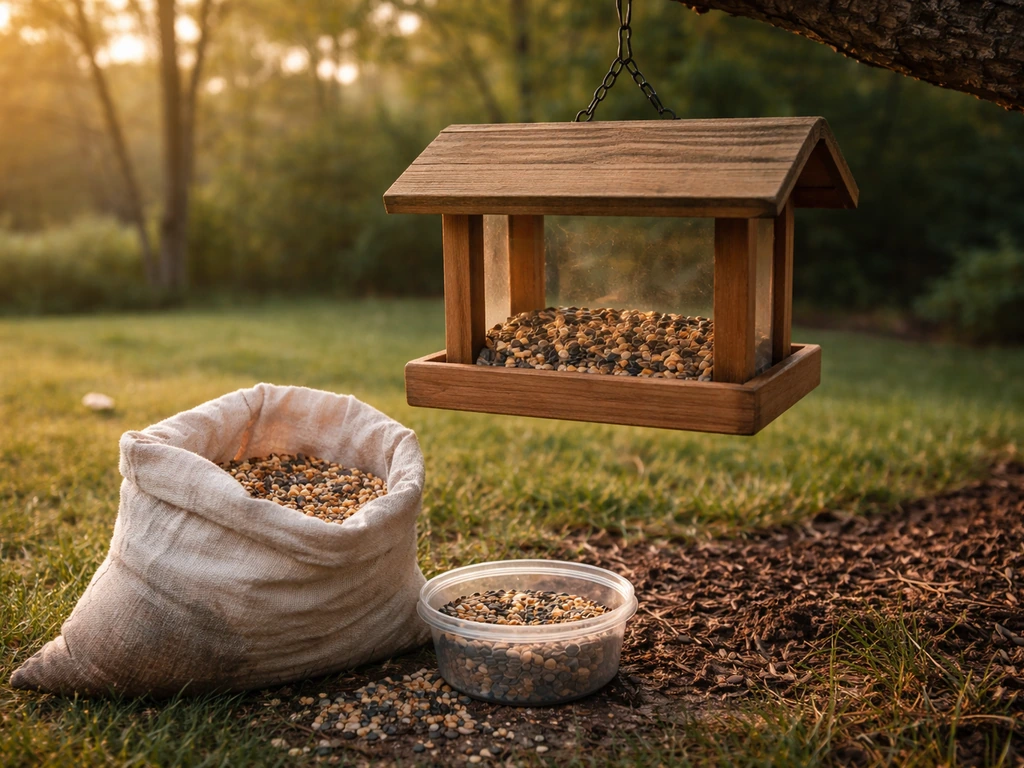 Backyard bird feeder with a partially filled seed container and open bag, showing freshness monitoring