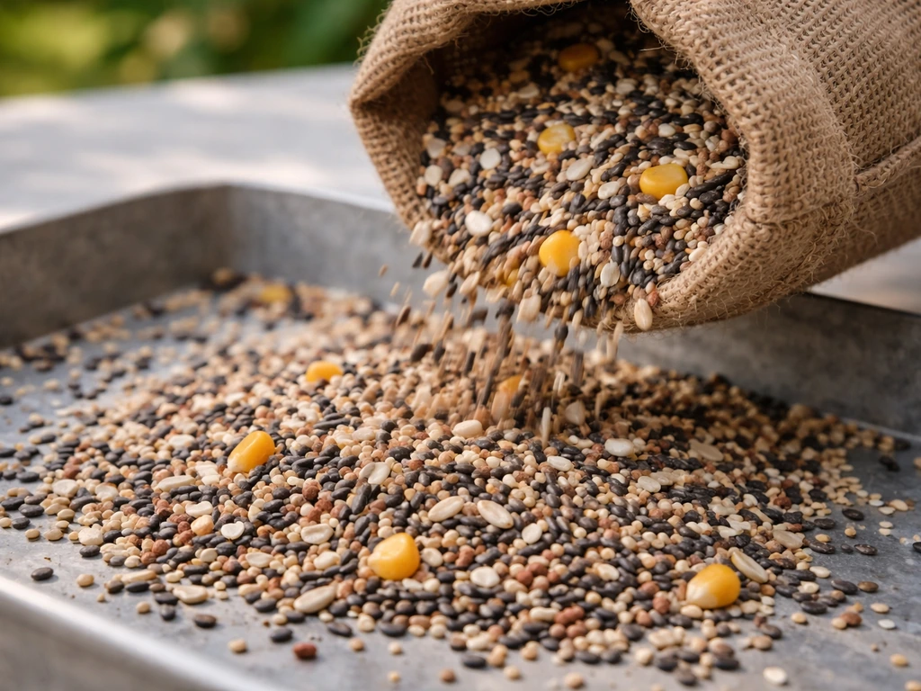 Wild bird seed mix spilling from a burlap bag into a tray, with sunflower, millet, safflower, nyjer, and corn.