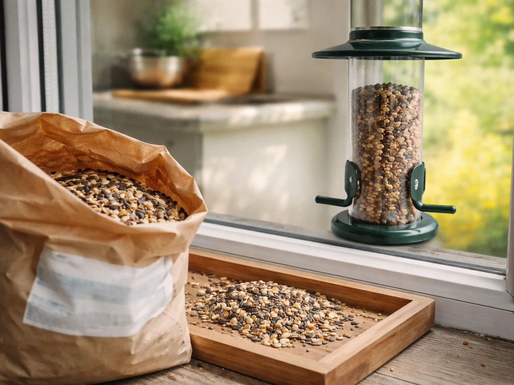 Bird seed bag spilling near a bird feeder, with a softly blurred kitchen food-prep area behind