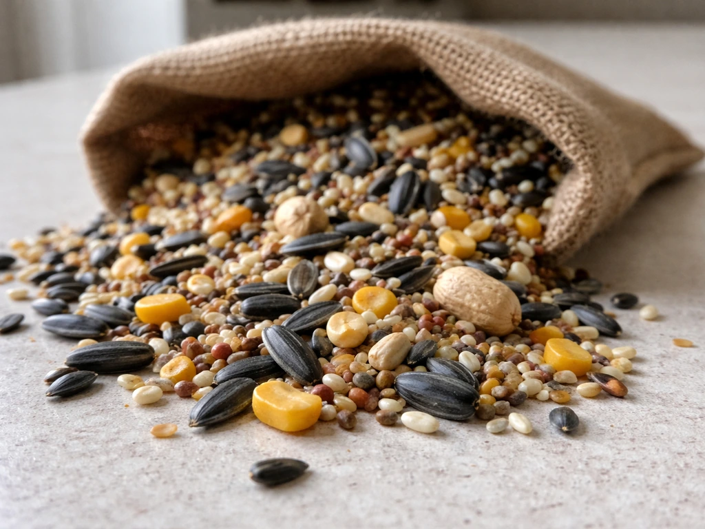 Close-up of spilled wild bird seed mix: sunflower seeds, millet, corn, and peanuts on a countertop.