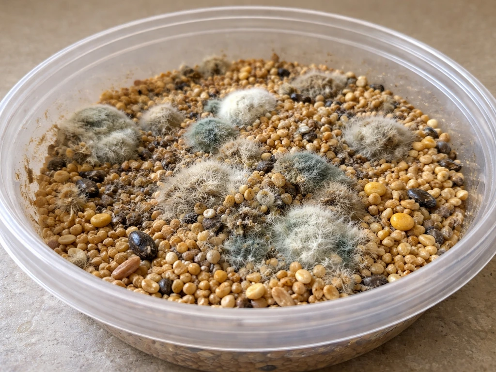 Close-up of moldy bird seed with fuzzy white/green growth in a clear container.
