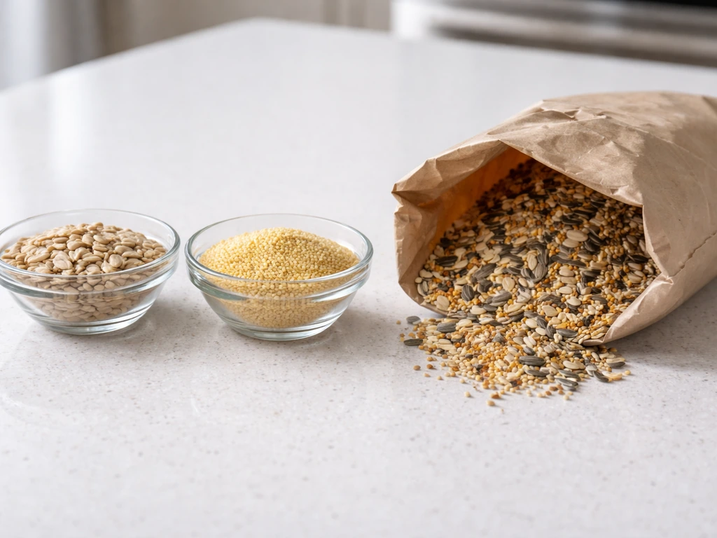 Food-grade sunflower seeds and millet in bowls compared with an opened bird seed bag on a kitchen counter.