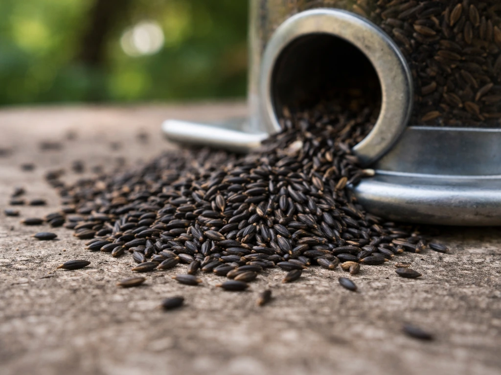 Close-up of dark Nyjer thistle seed spilling beside a simple bird feeder