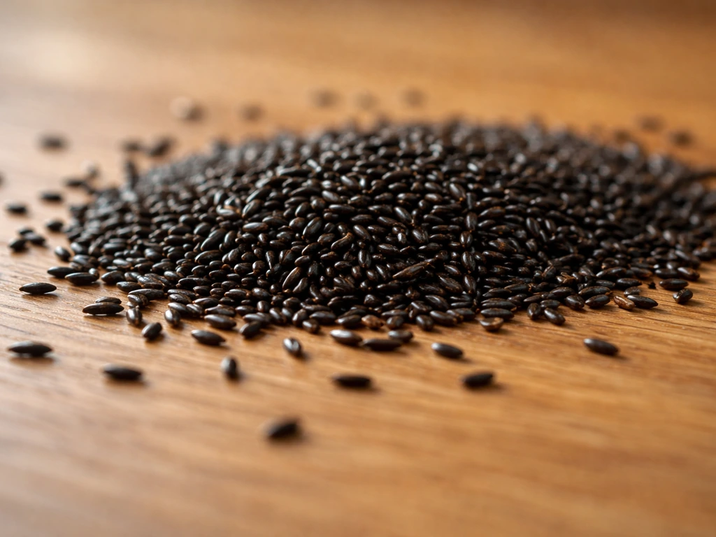 Loose black Nyjer (Guizotia abyssinica) bird seed grains on a wooden surface.