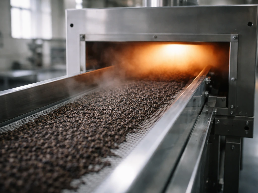 Industrial heat-treatment tunnel with conveyor moving small seeds for import phytosanitary processing
