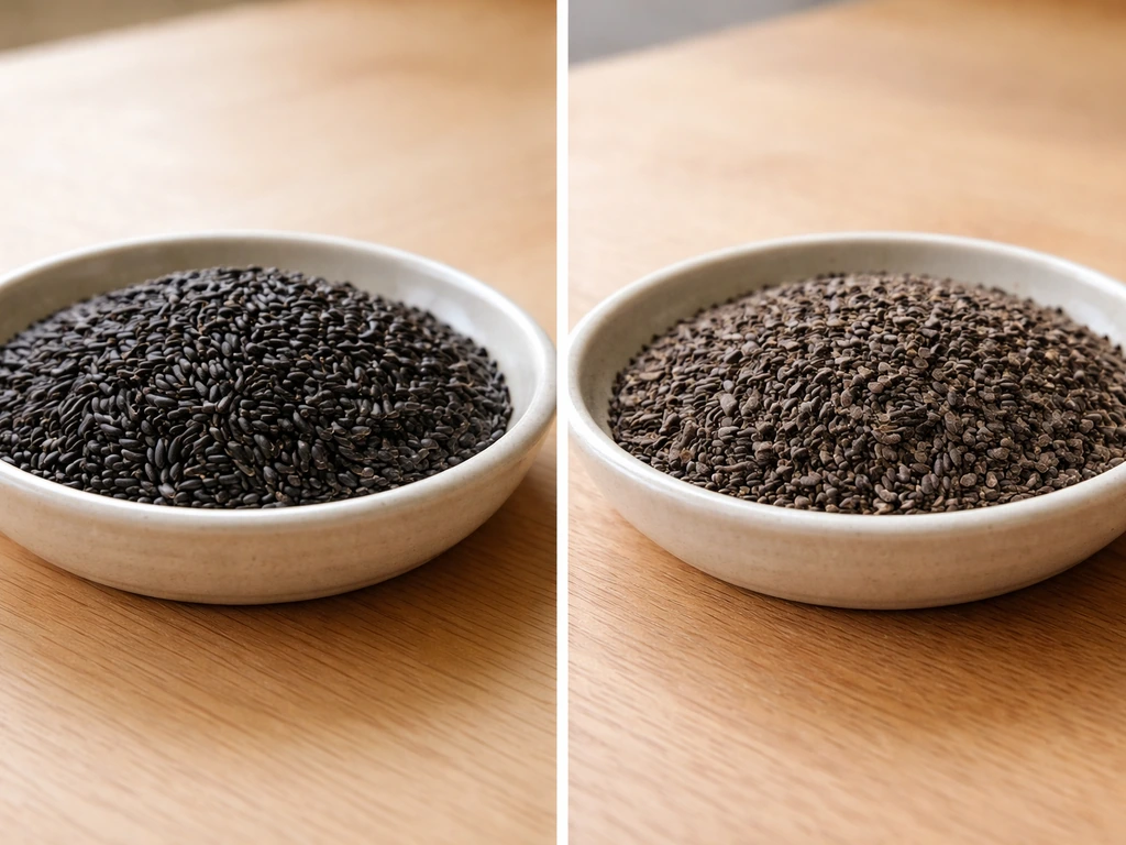 Side-by-side nyjer seed piles: glossy uniform black seeds vs dusty, clumped dull seeds.