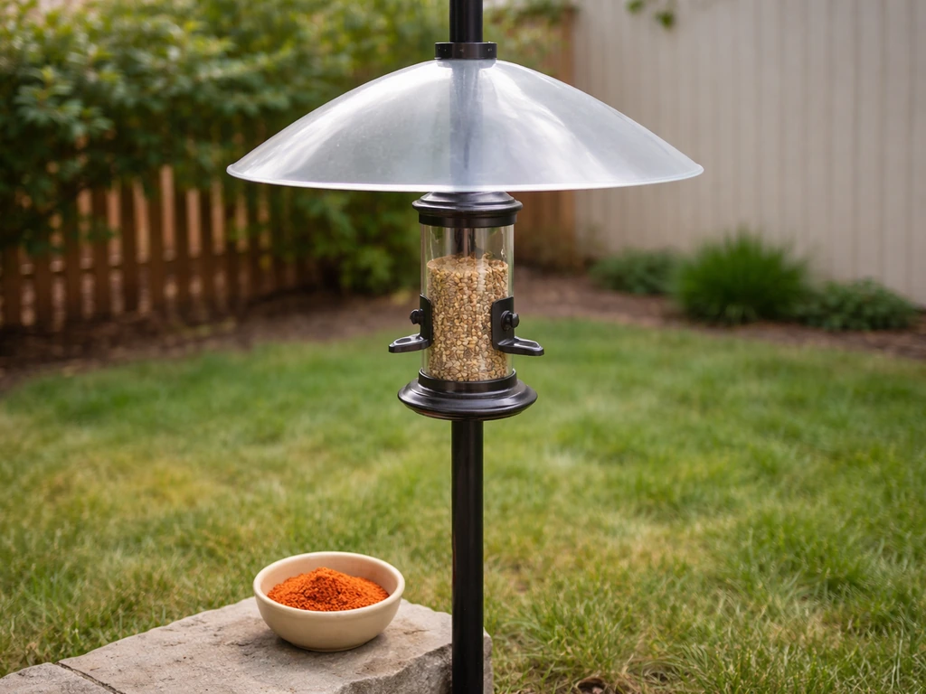 Close-up of a bird feeder with an anti-rodent baffle and a small bowl of cayenne pepper nearby.