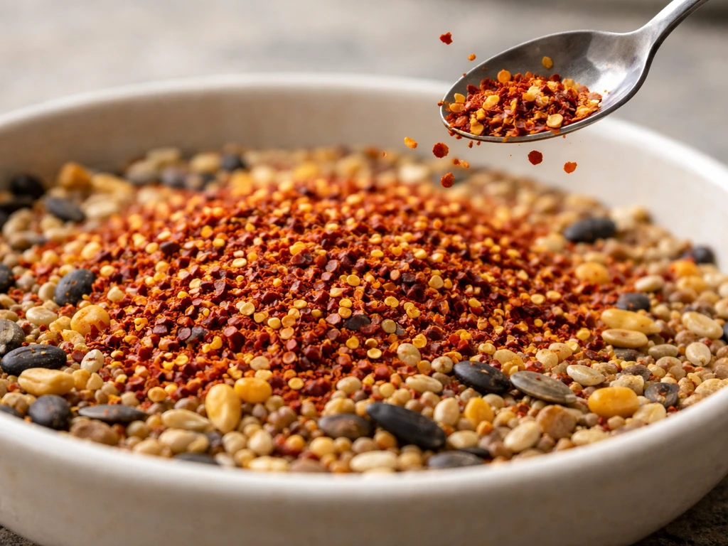 Close-up of bird seed mixed with red cayenne pepper/chili flakes in a shallow bowl.