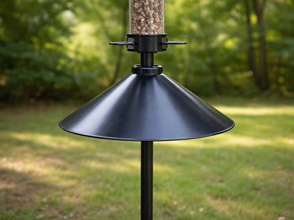 Close-up of a cone baffle mounted under a tube bird feeder on a vertical pole.