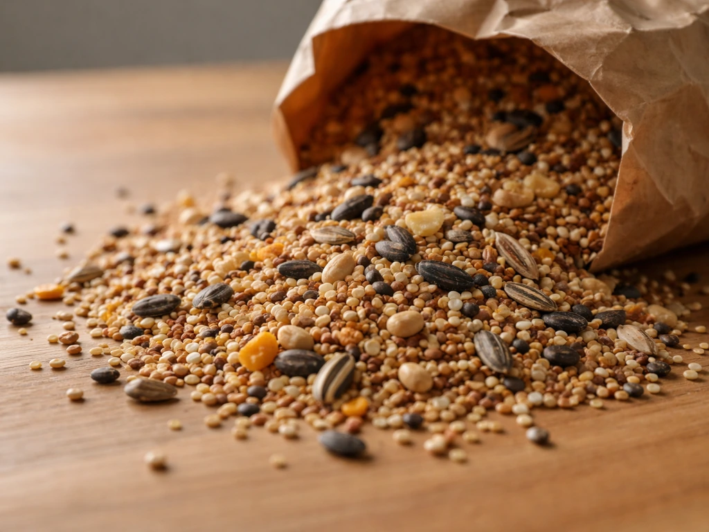Mixed bird seed spilling from a small bag onto a tabletop, showing it’s a blend of different seeds.