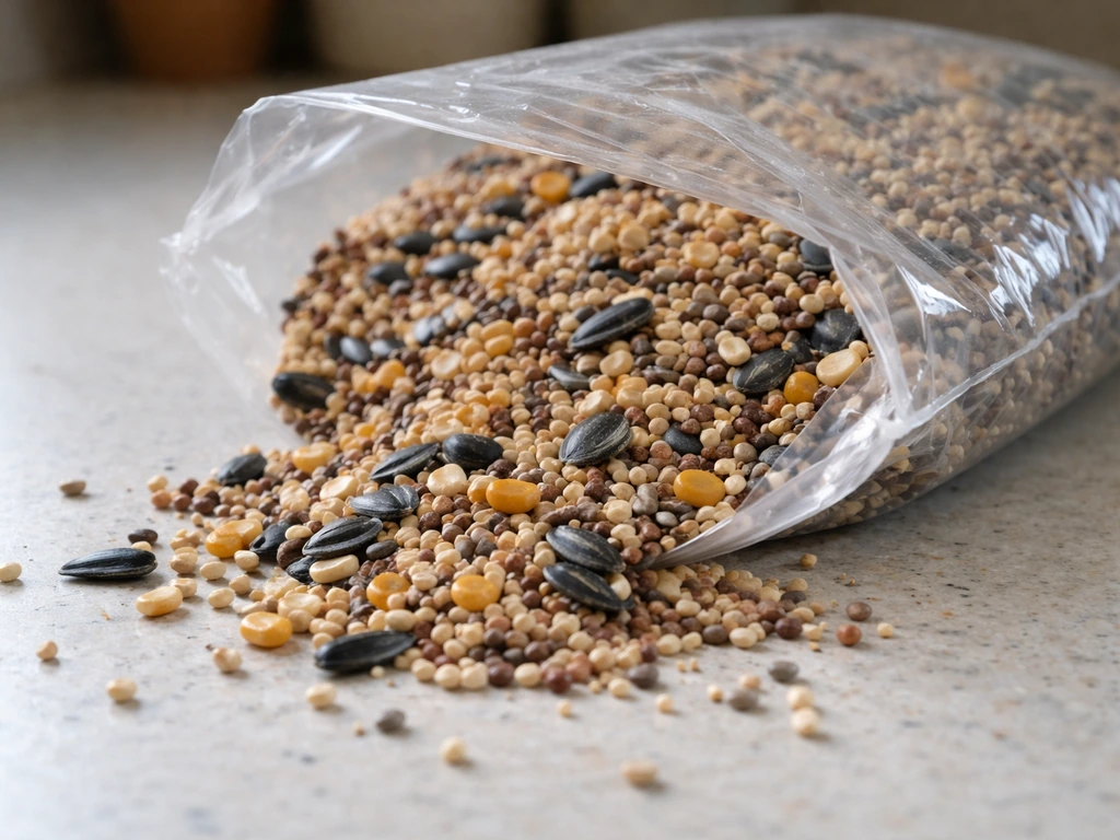 Close-up of an open bird seed bag with mixed millet, cracked corn, and sunflower seeds.