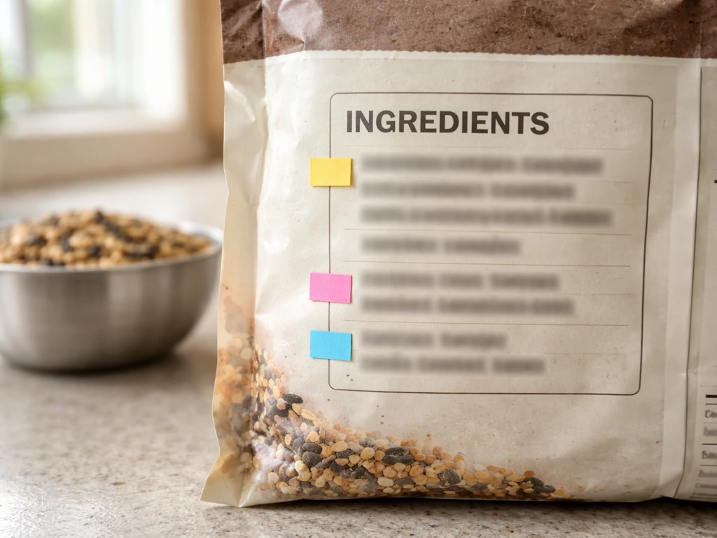 Close-up of bird seed bag ingredient list with small markers indicating what to check for order and purity.